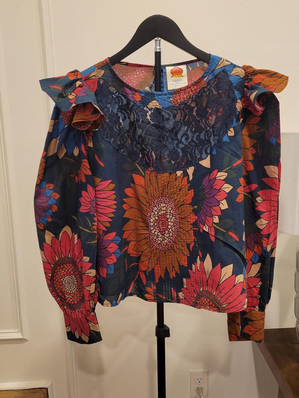 Farm Rio Navy Floral Lace-Accent Blouse